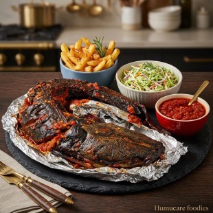Roasted cat fish with chips chose and so
