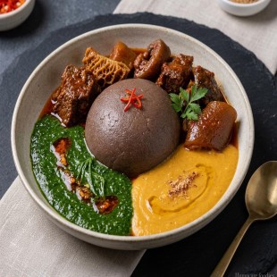 Amala,ewedu,gbegiri,stew with assorted-A