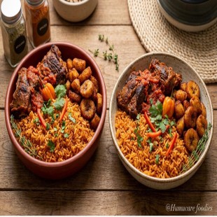 Jollof rice/goat meat and fried plantain