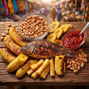 Roasted fish with plantain, groundnut an
